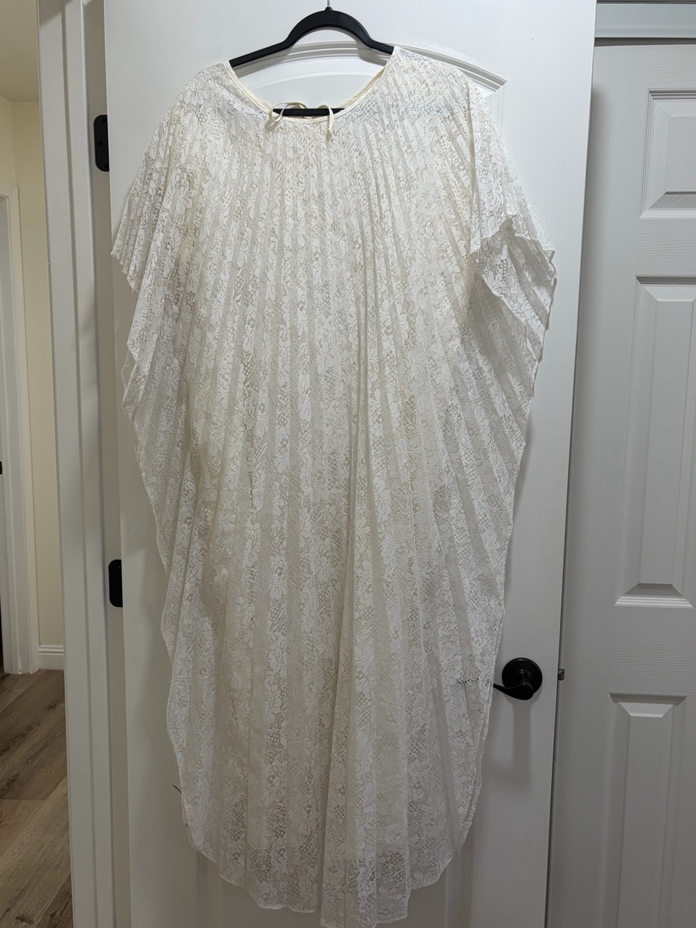 Vintage 70s White Pleated Lace Kaftan Maxi Dress Swim Coverup - One Size